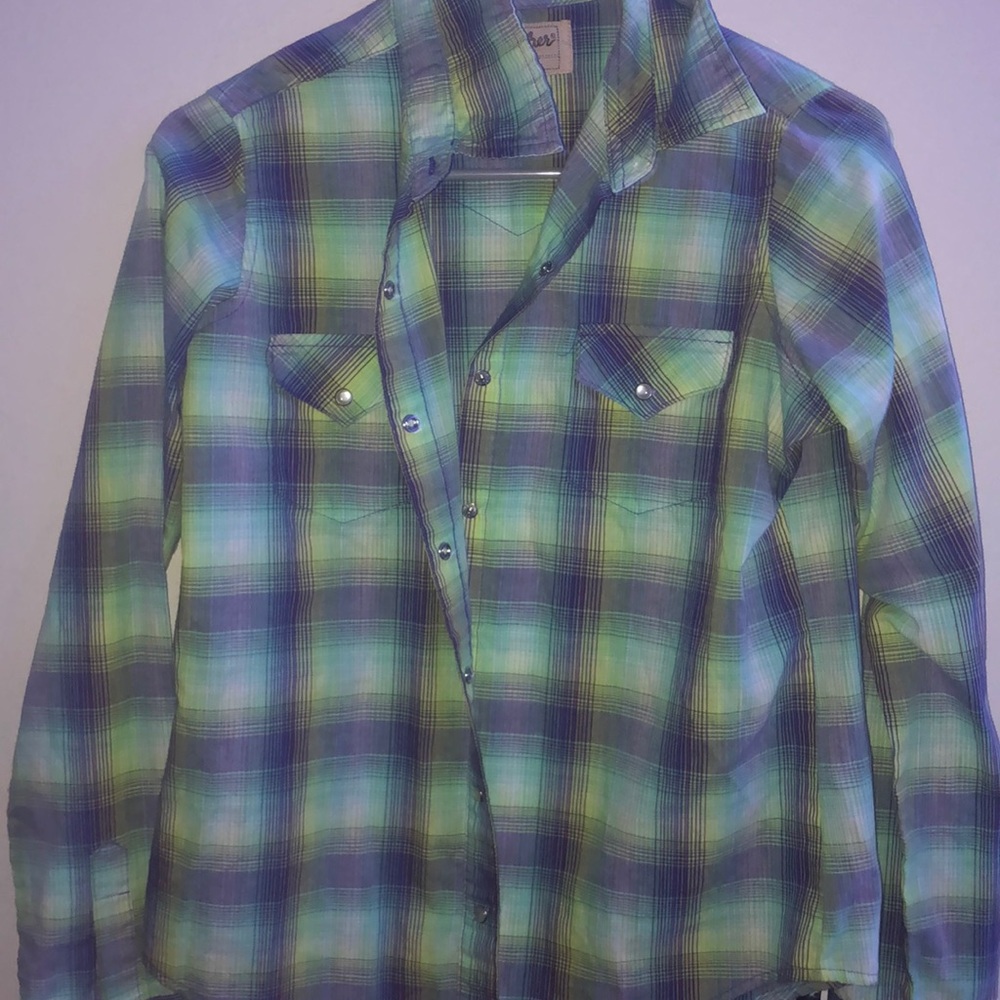 Teal and light blue flannel with purple touches